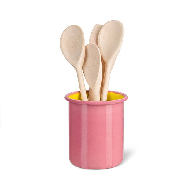 Medium Enamel Utensil Holder in Old Rose / Sulphur Yellow