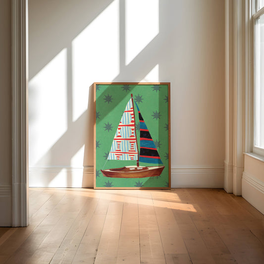 Nautical Green Stars Sailboat Art Print