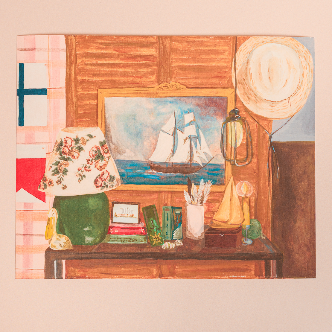 Illustration of a window with a view of a sailboat, books, and decorative items on a shelf.