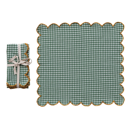 Green Scalloped Napkins with Stitched Edges - S/4