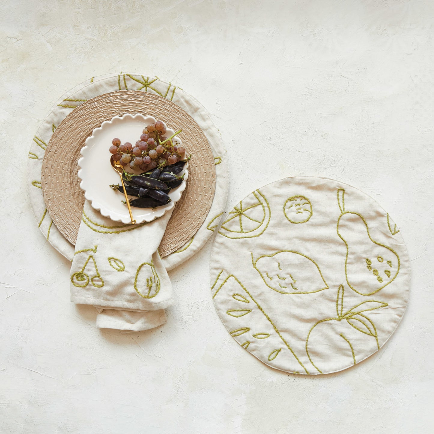 Woven Cotton & Linen Embroidered Placemat w/ Fruit