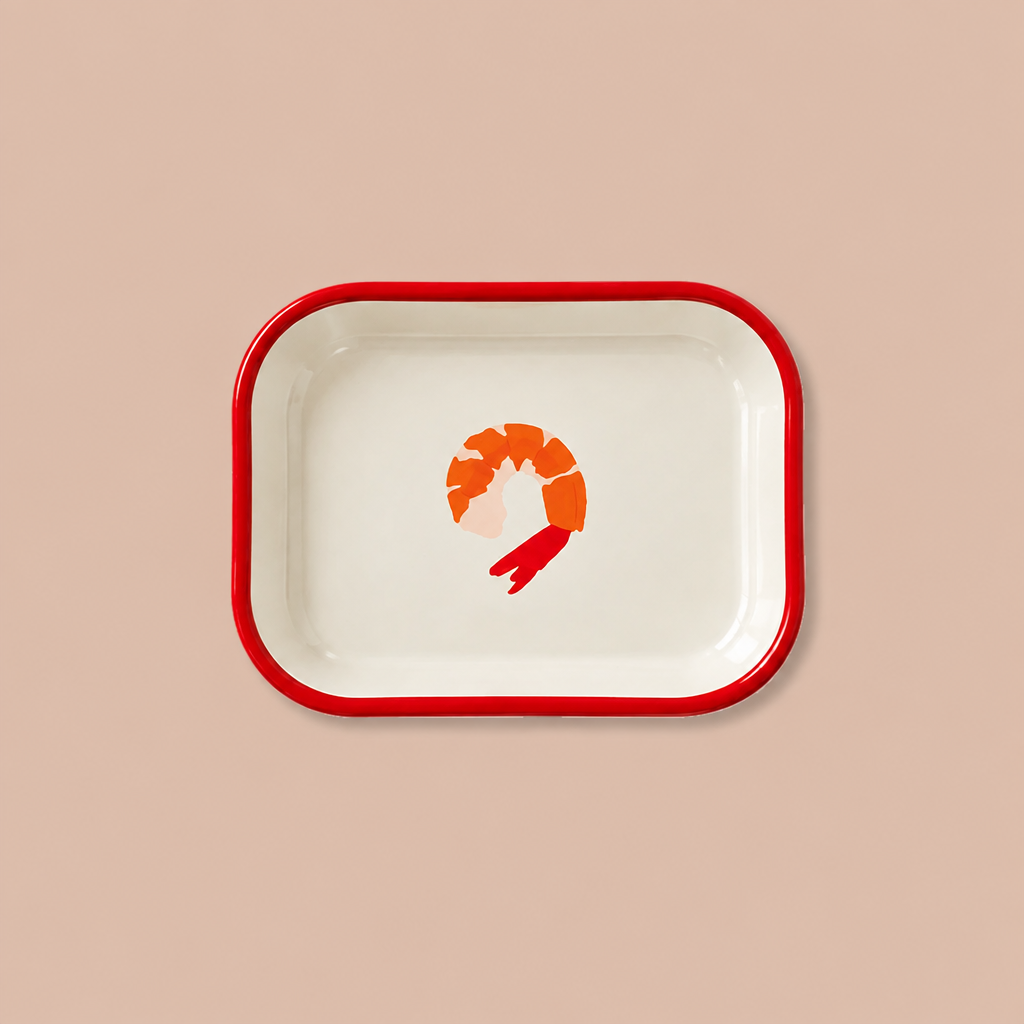 Cream metal catch-all tray with a red rim and shrimp illustration