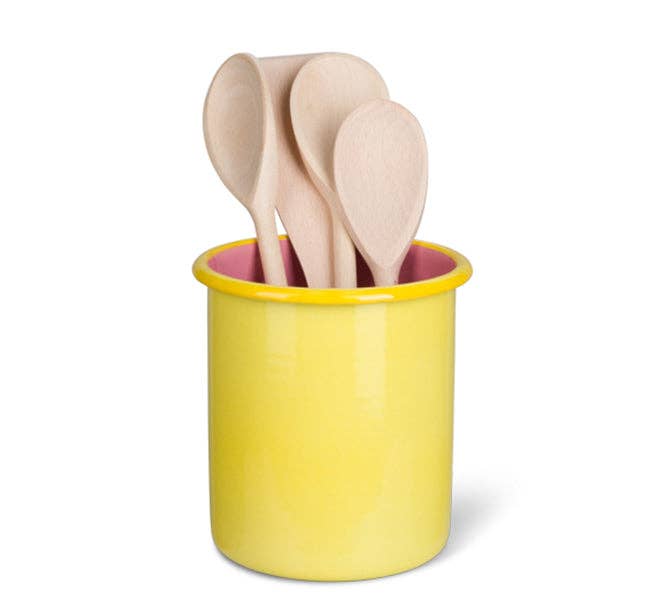 Large Enamel Utensil Holder in Sulphur Yellow / Old Rose