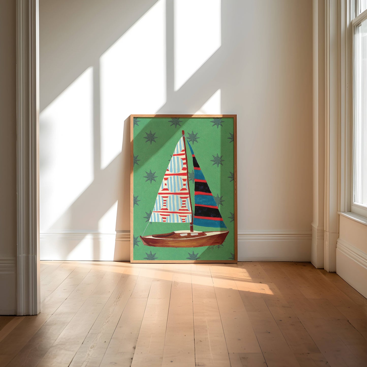 Nautical Green Stars Sailboat Art Print