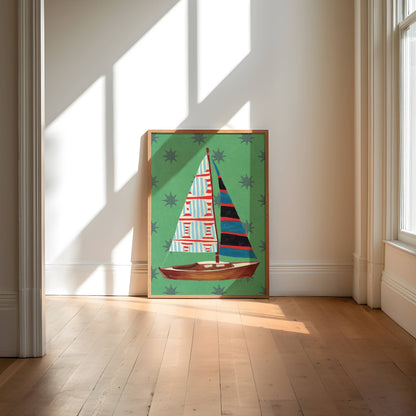 Nautical Green Stars Sailboat Art Print