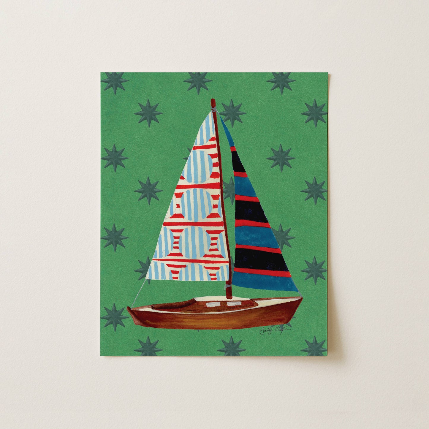 Nautical Green Stars Sailboat Art Print