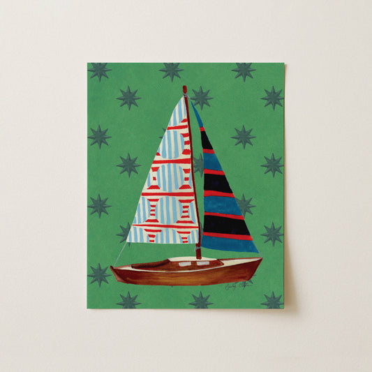 Nautical Green Stars Sailboat Art Print