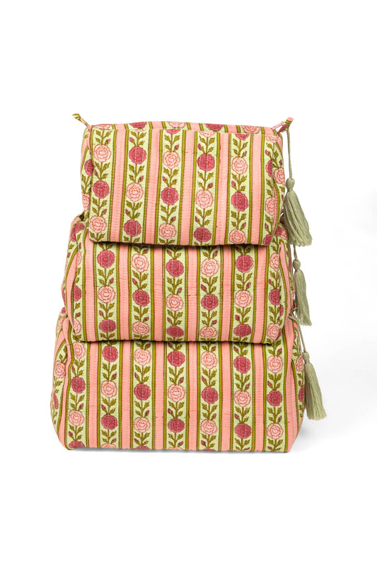 Pink Floral Stripes Makeup Bag