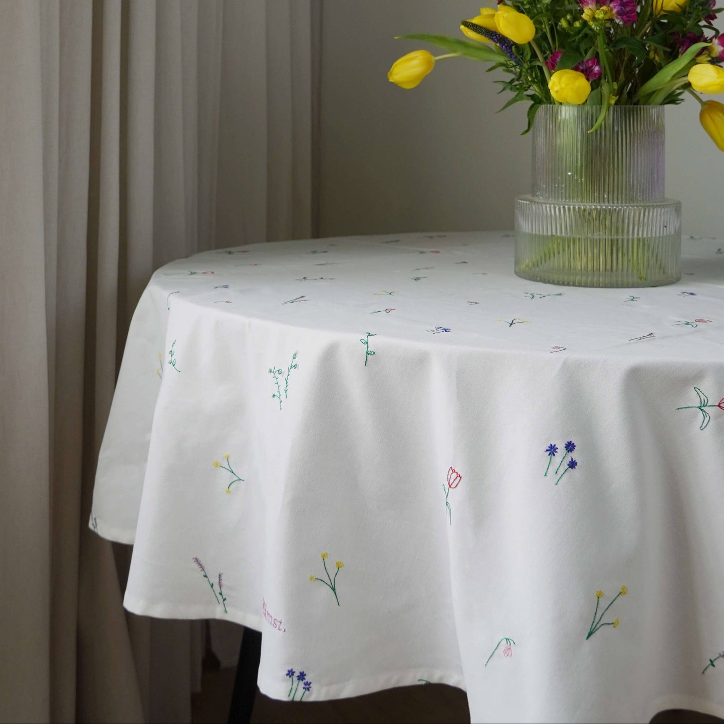 Flower Embroidered Tablecloth - 63" Round