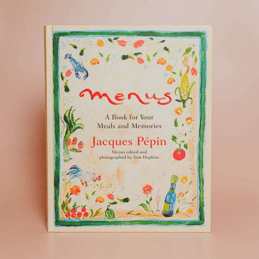 Book titled 'Menus' by Jacques Pepin on a beige background
