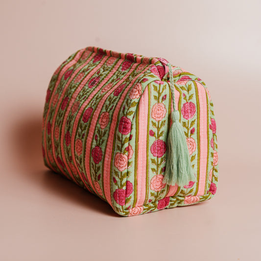 Pink Floral Stripes Makeup Bag