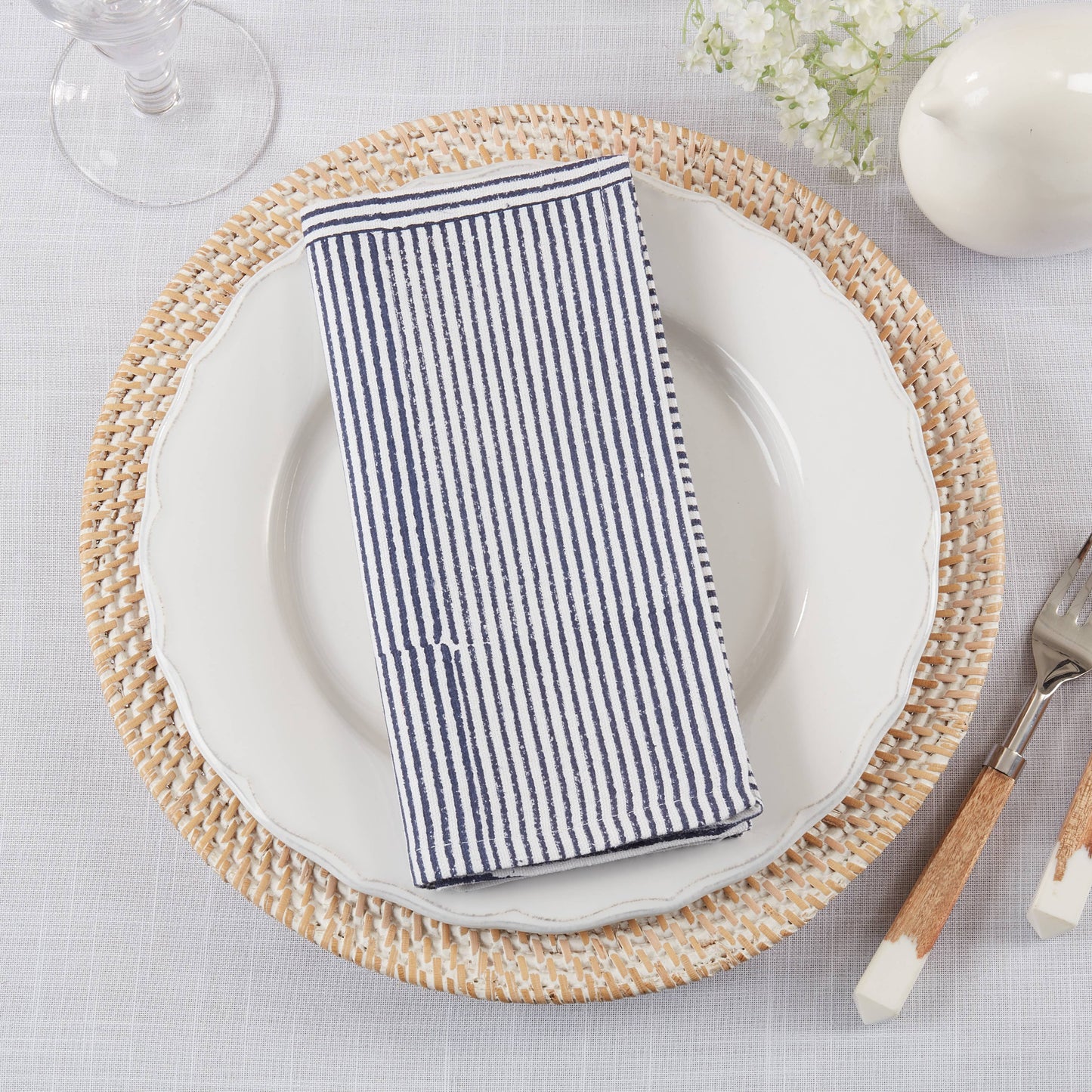 Navy Stripe Block Print Napkin - S/4