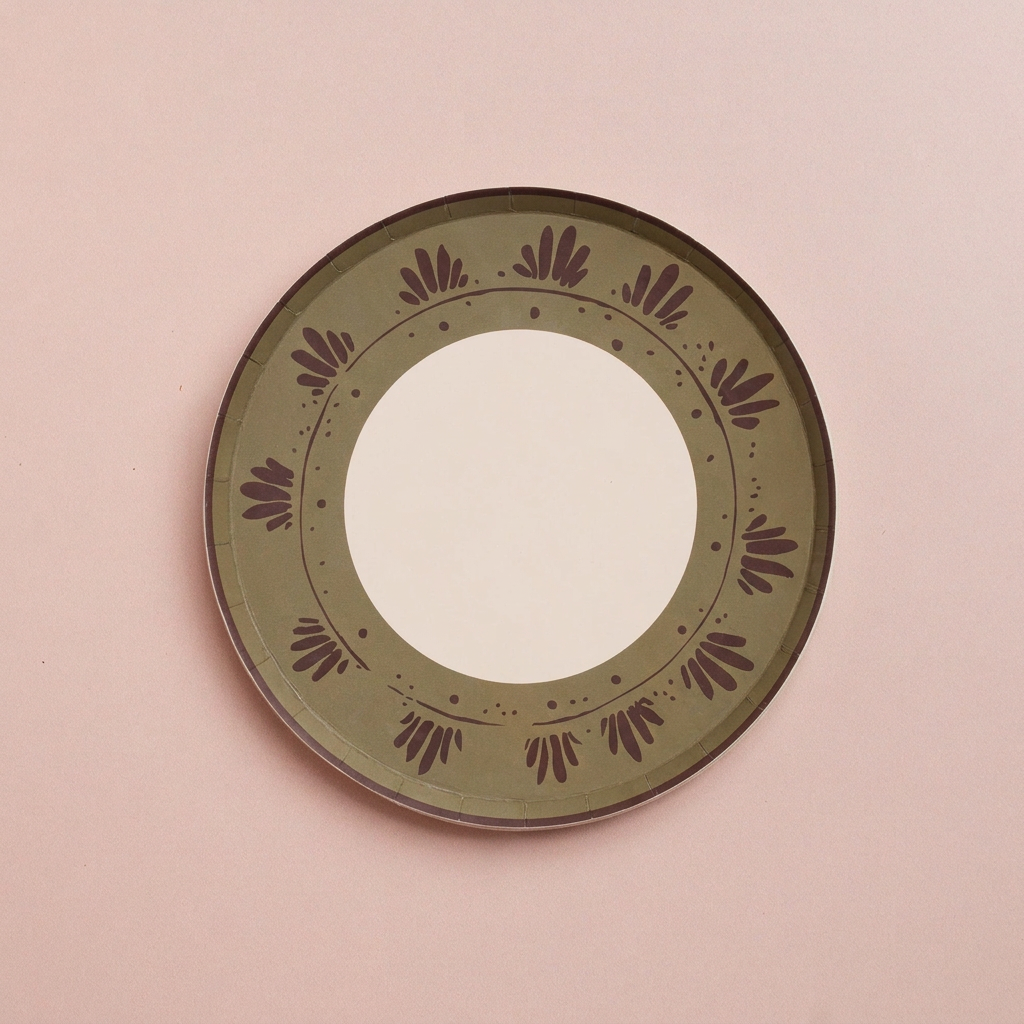 Unwrapped Fleur hors d'oeuvres paper plates with green patterned rim and flat cream center on a blush background
