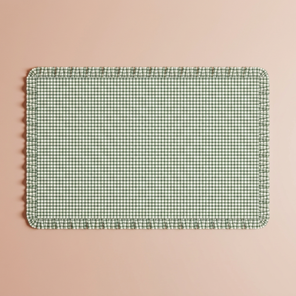 Virginia Stripe green gingham tablecloth flat view on the standard blush-peach background
