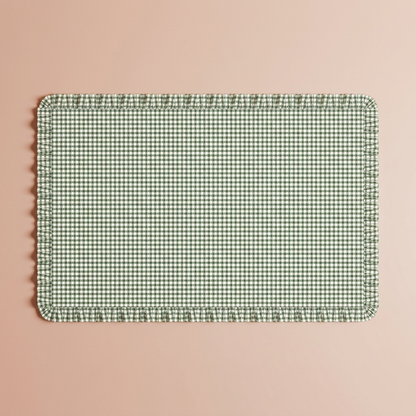 Virginia Stripe green gingham tablecloth flat view on the standard blush-peach background