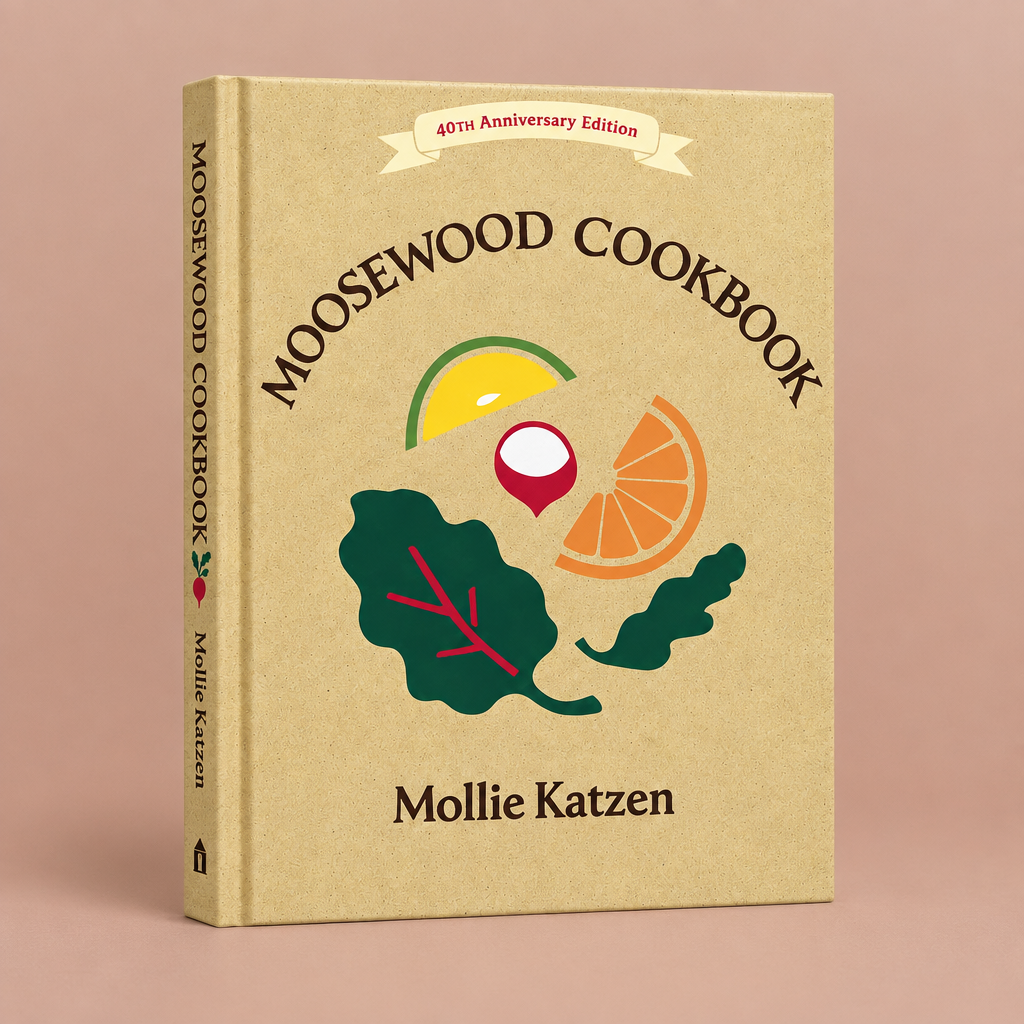 Original Moosewood Cookbook on a warm matte background