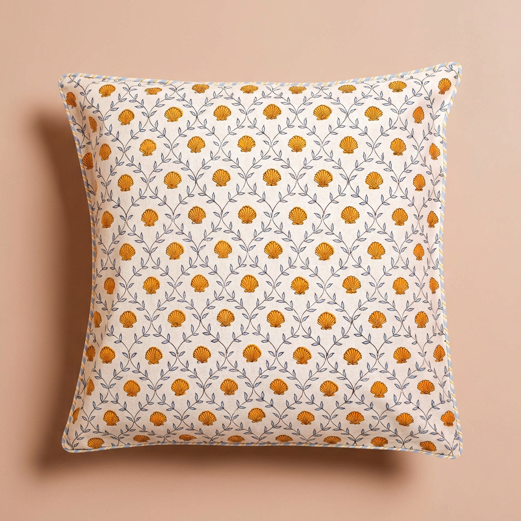 Seashell blockprint pillow cover with orange shells on a blush-peach background