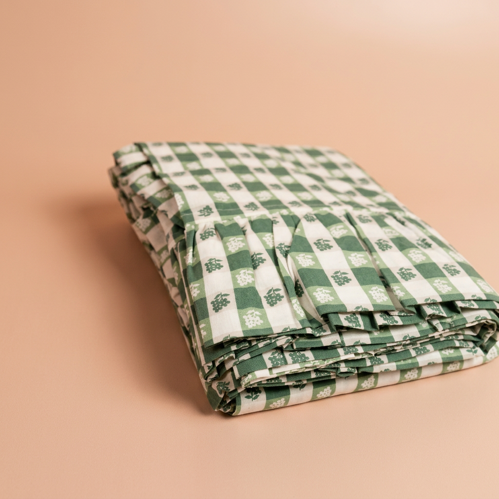 Virginia Stripe green gingham tablecloth stacked view on the standard blush-peach background
