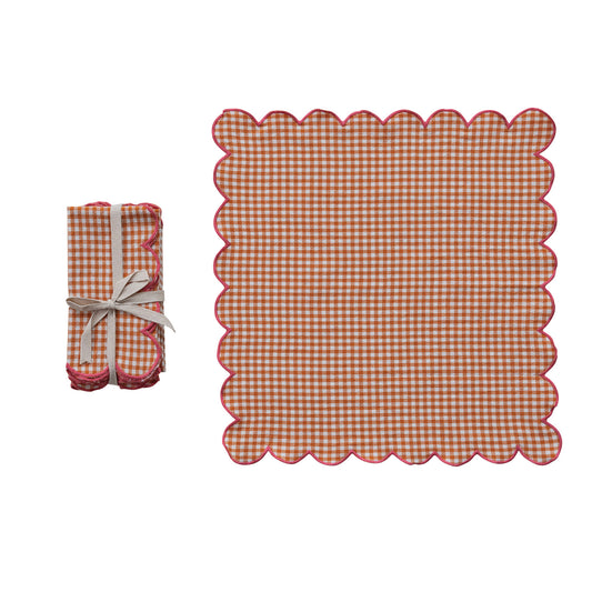 Orange Scalloped Napkins with Stitched Edges - S/4